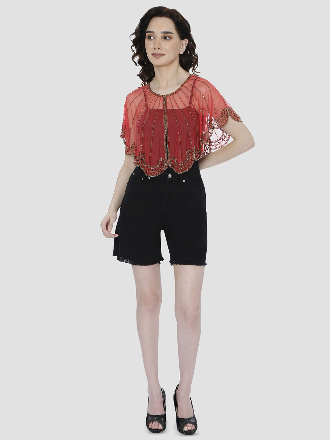 HAUTEMODA Women Flared Sleeve Net Poncho Shrug