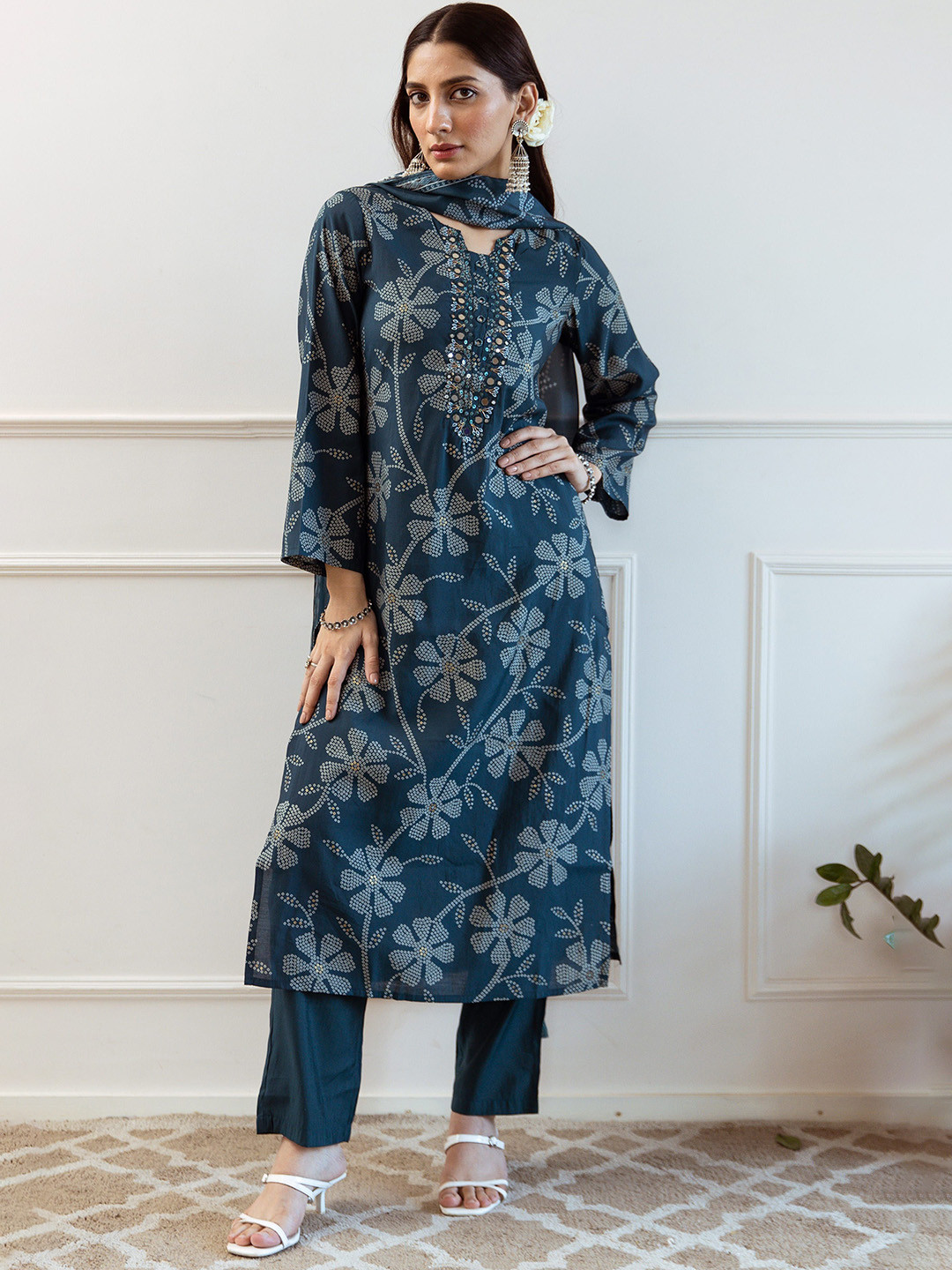 Sangria Floral Printed Notch Neck Mirror Work Modal Muslin Kurta & Trousers With Dupatta