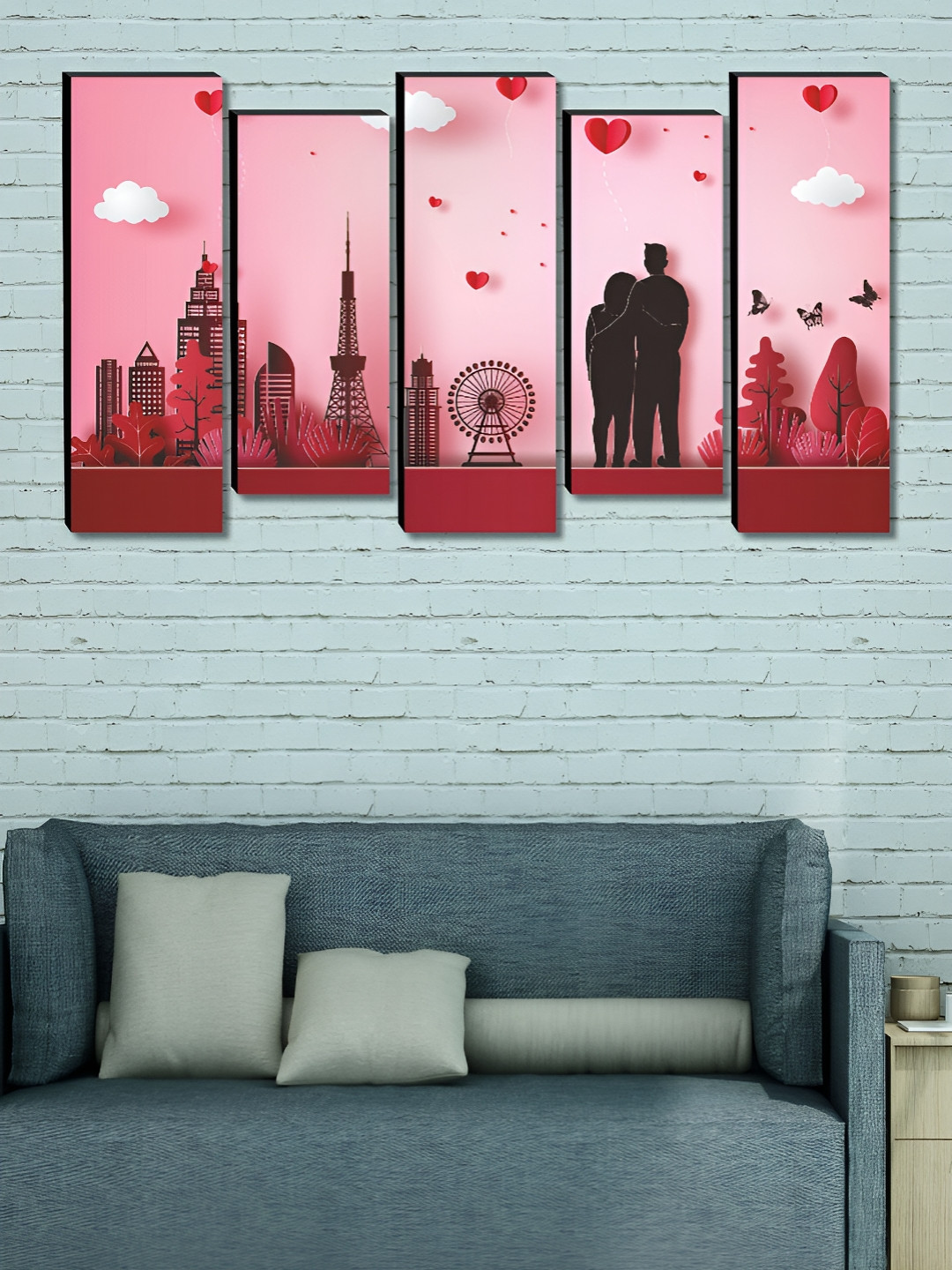 SAF Couples Wood 5 Pcs Wall Rectangle Paintings Wall Art