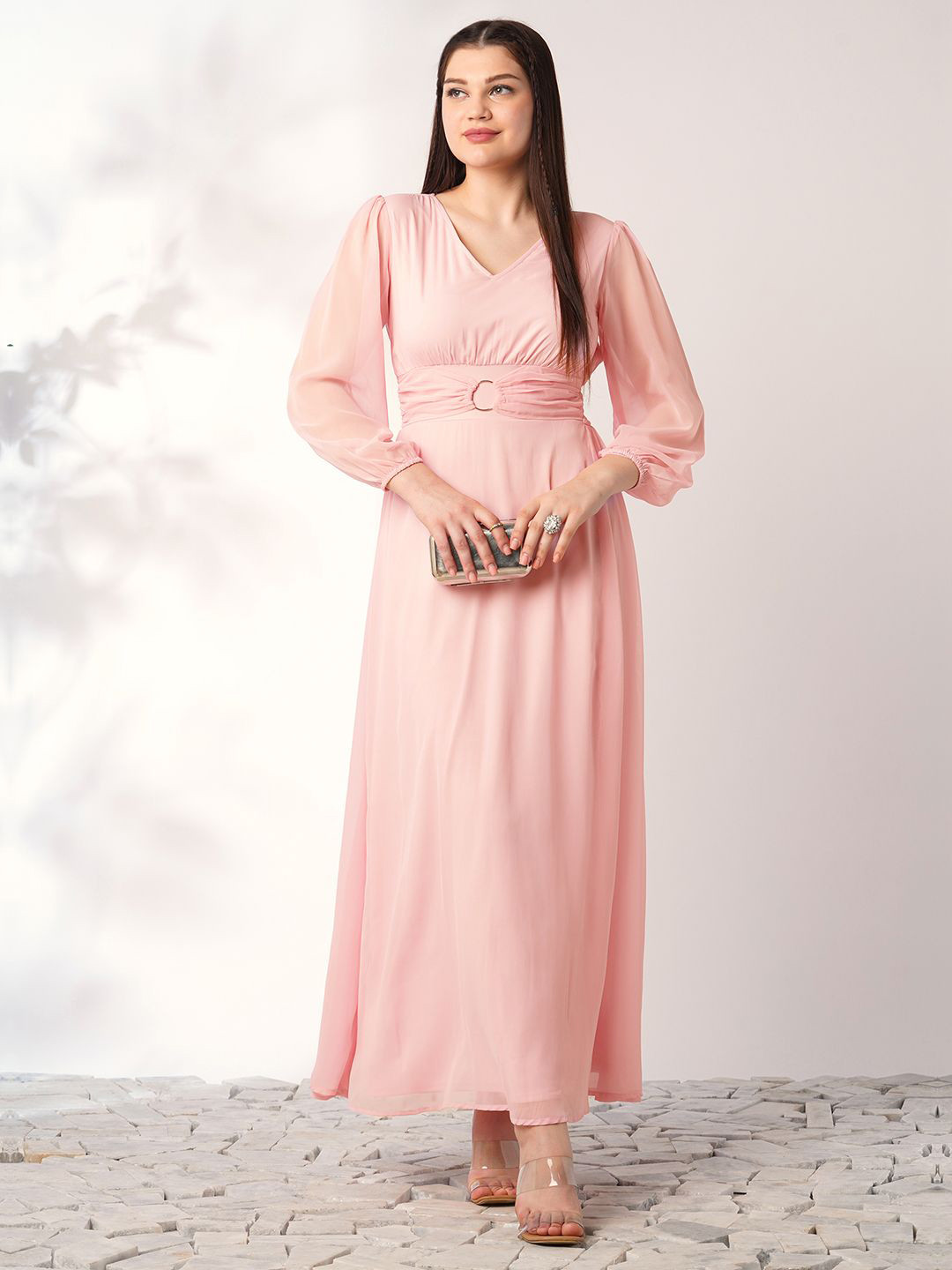 Globus V-Neck Bishop Sleeves Smocked Fit & Flare Maxi Party Dress