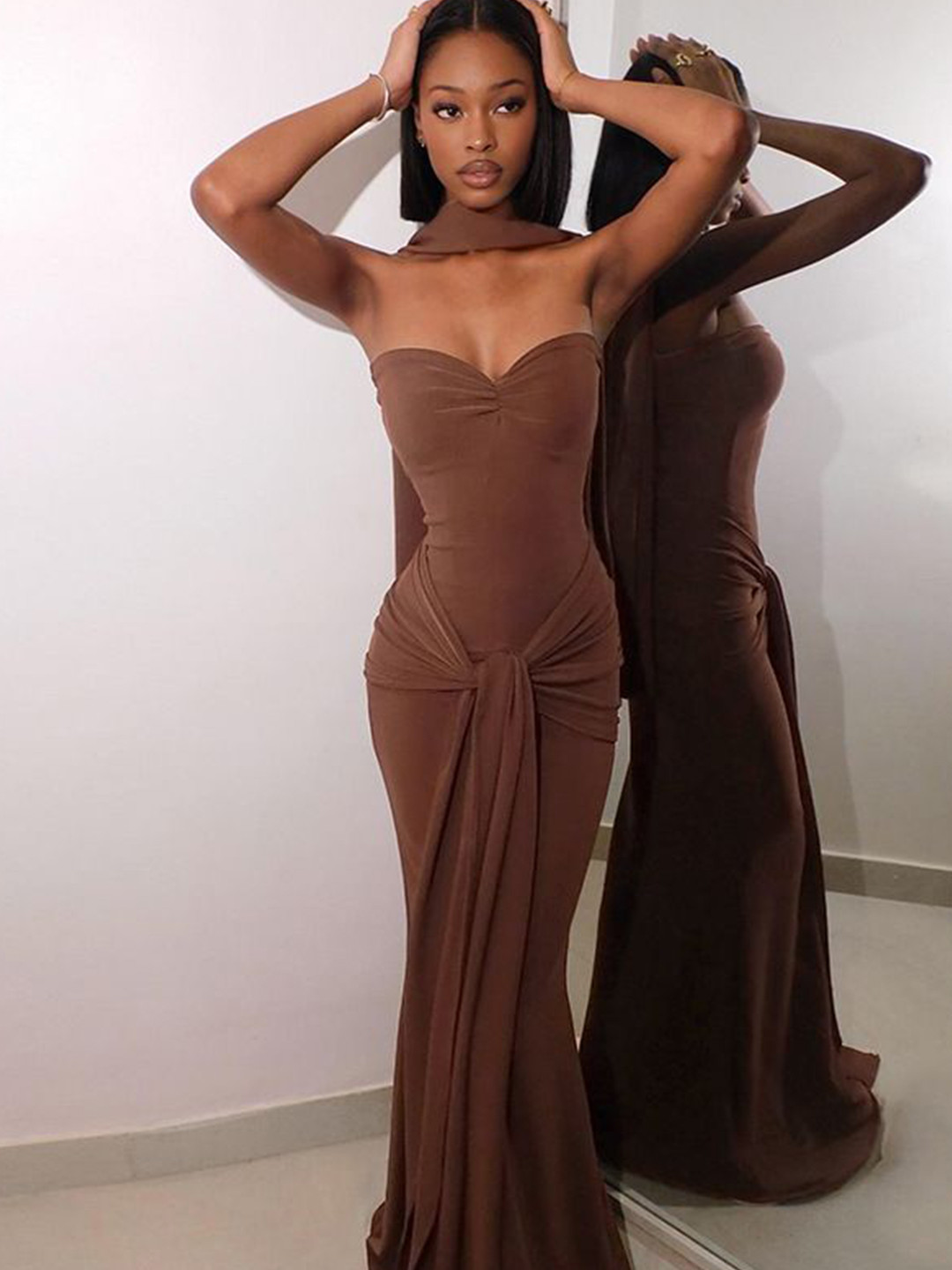 MIAKEE Women brown strapless Fitted maxi dress