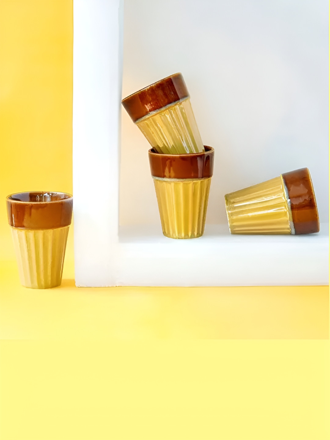 AMALAFIEE CERAMICS Splendid Paiseley Sliver Yellow Textured Ceramic Handmade 4 Piece Kulladhs-200ml