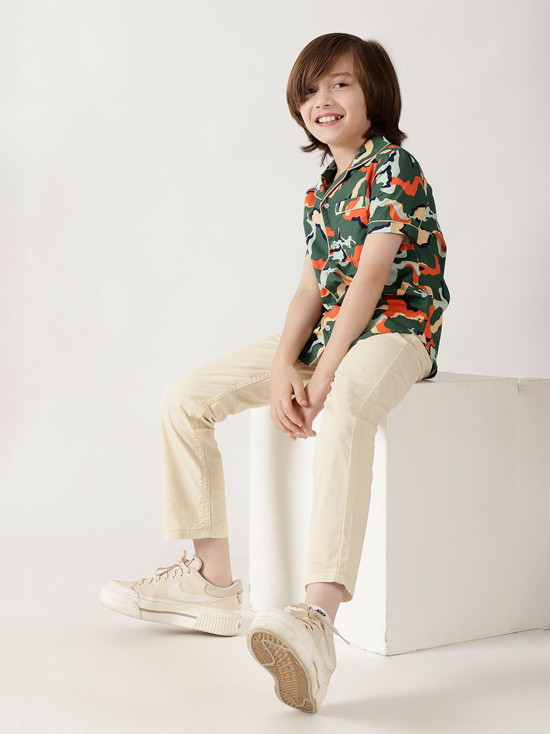 One Friday Boys Comfort Fit Abstract Printed Cuban Collar Cotton Casual Shirt