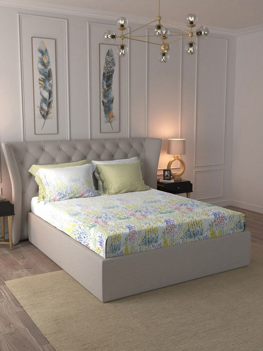 MYTRIDENT Indulgence Painterly Patterns White Floral Cotton 300 TC King Fine Bedsheet with 4 Pillow Covers-108 x 108 inches