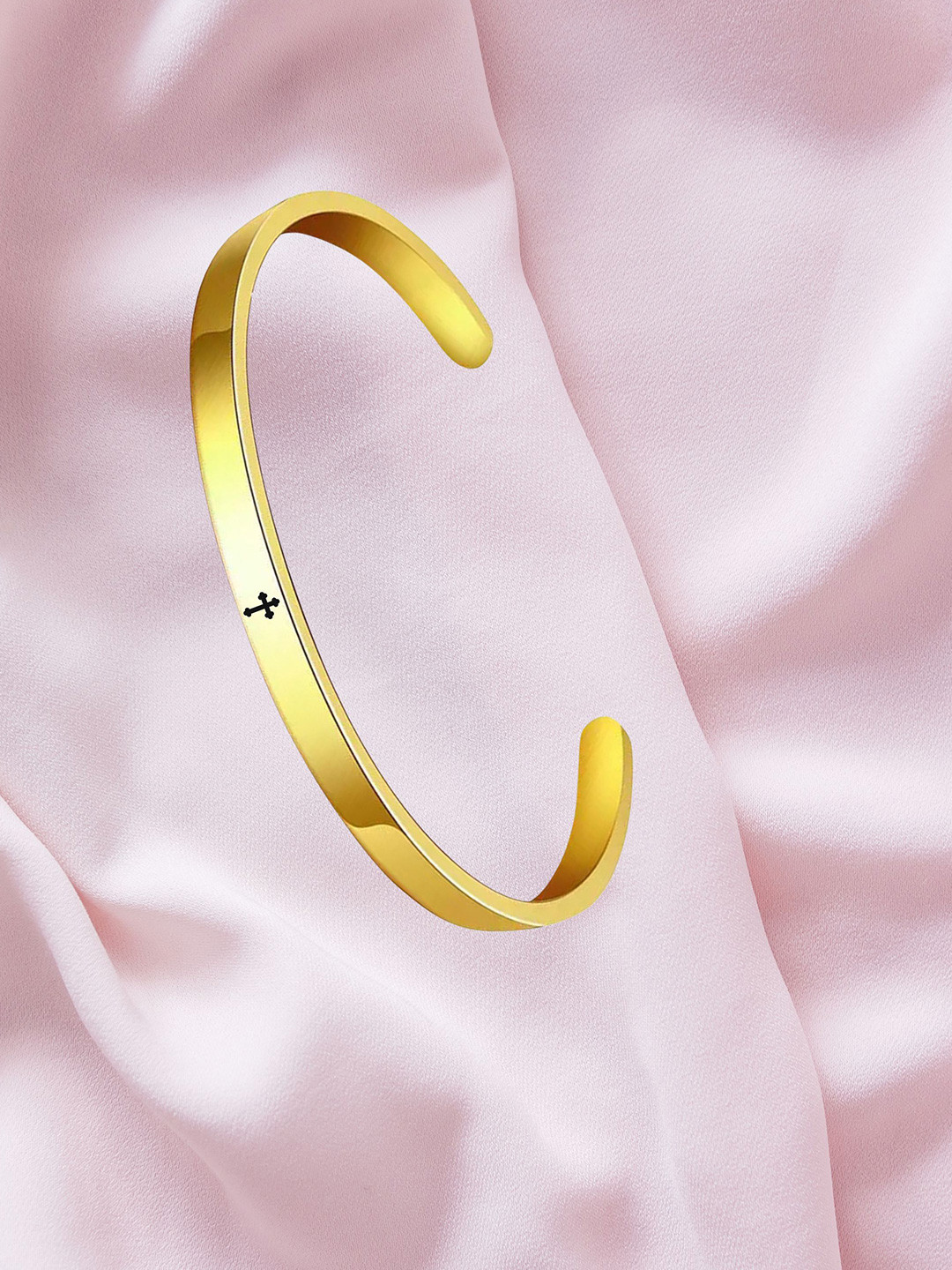 M Men Style Men Gold-Plated Stainless Steel Cross Design Christia Printed Kada Bracelet