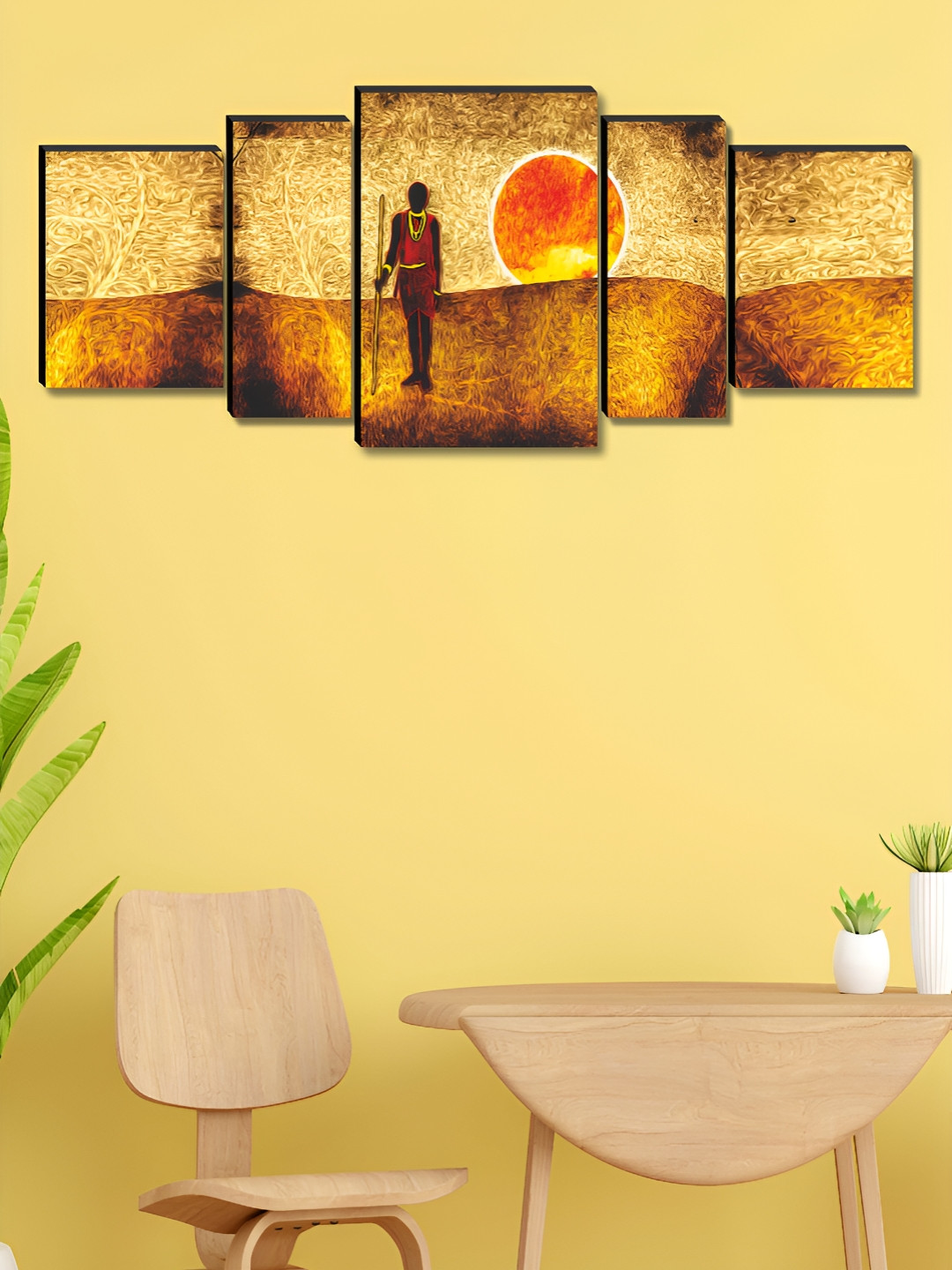 Aura Gold Wood 5 Pcs Wall Living Room Rectangle Potrait Paintings Wall Art -1.06 x 18In