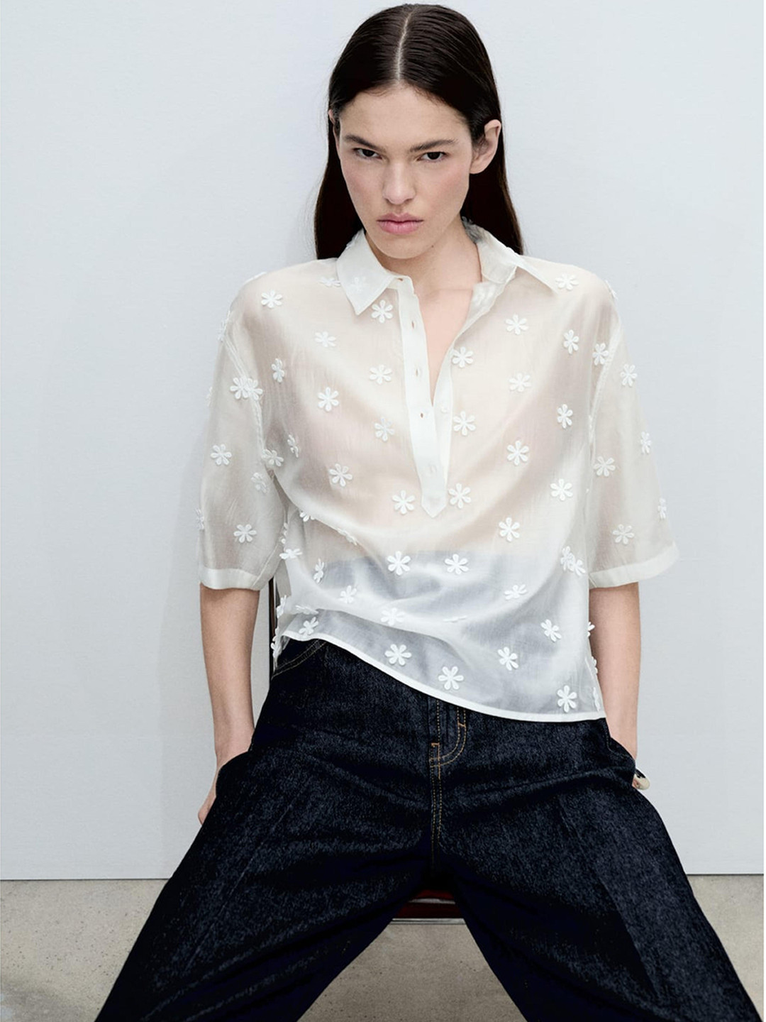 MANGO Floral Applique Sheer Shirt