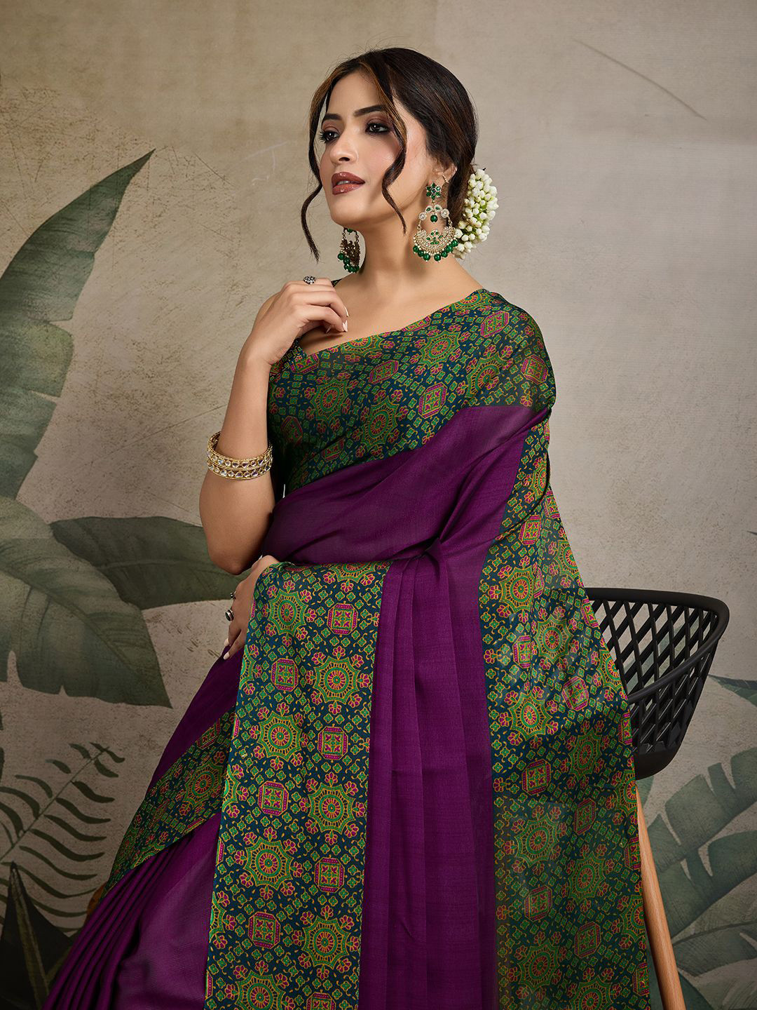KALINI Poly Silk Printed Border Saree With Unstitched Blouse Piece