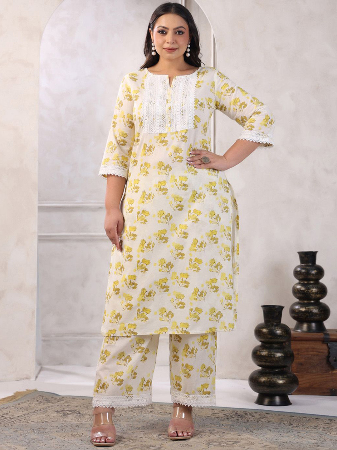 KALINI Women's Plus Size Floral Printed Pure Cotton Straight Kurta Set