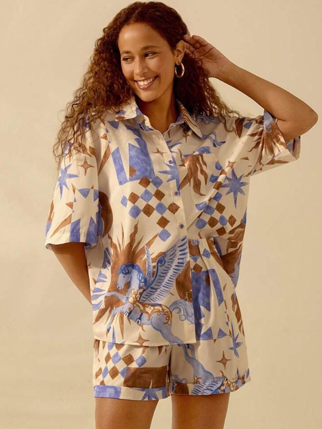 DressBerry Animal Printed  Three-Quarter Sleeves Shirt With Shorts