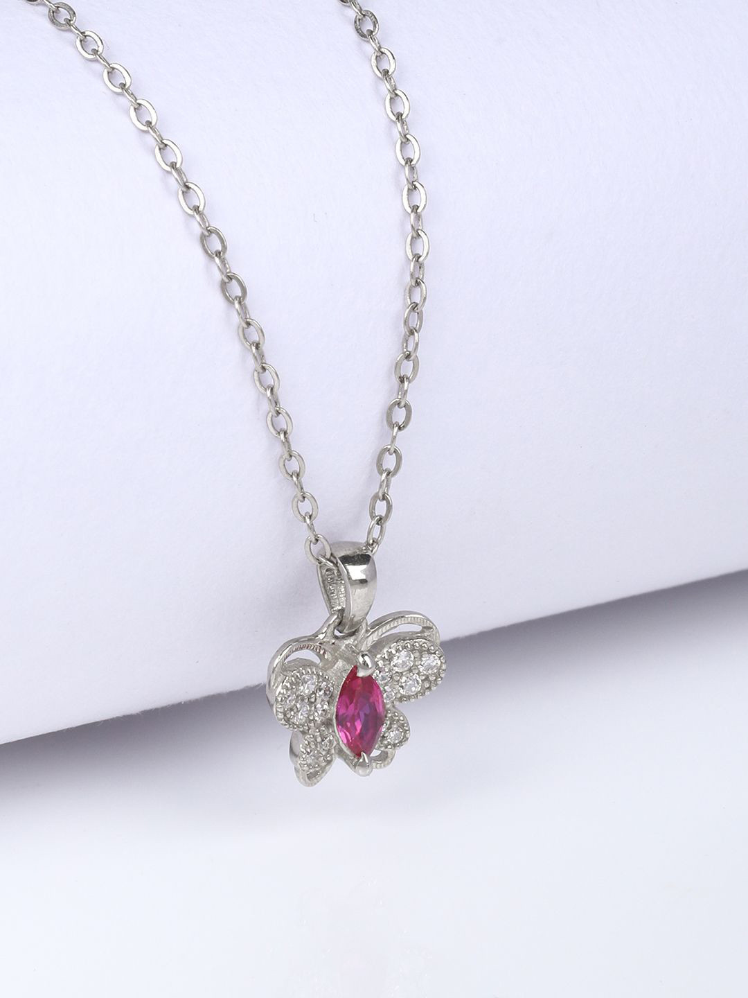 GIVA 925 Silver Rhodium-Plated Pop Pink Studded Butterfly Pendant With Chain