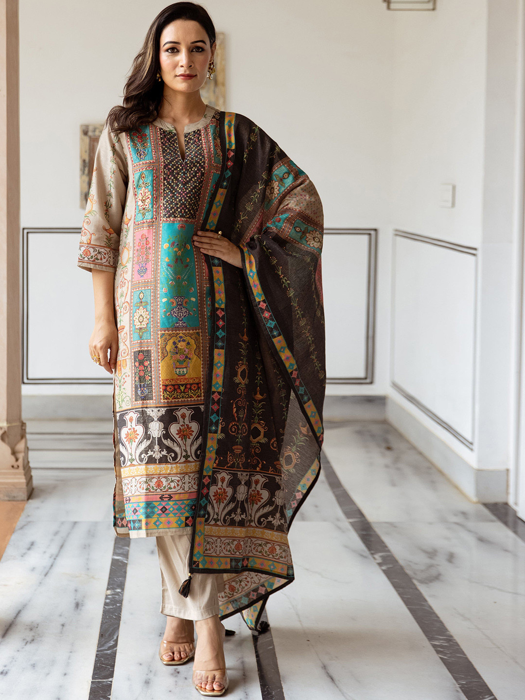 Sangria Ethnic Motifs Printed Mandarin Collar Modal Tissue Kurta & Trousers With Dupatta