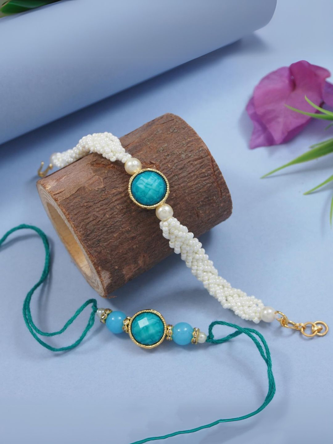 I Jewels Turquoise 2 Pieces Marble Pearls Beaded Bhaiya Bhabhi Lumba Bracelet Rakhi