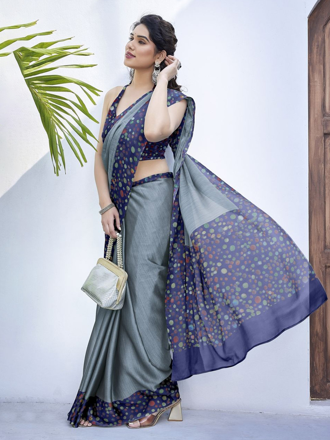 KALINI Polka Dot Printed Chiffon Saree