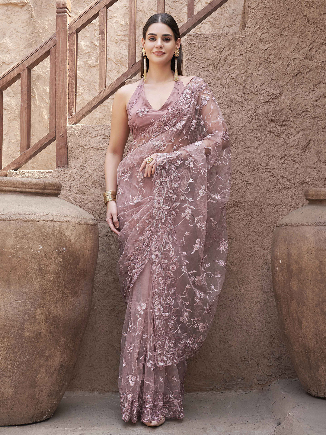 Tikhi Imli Floral Embroidered Net Saree With Scalloped Border