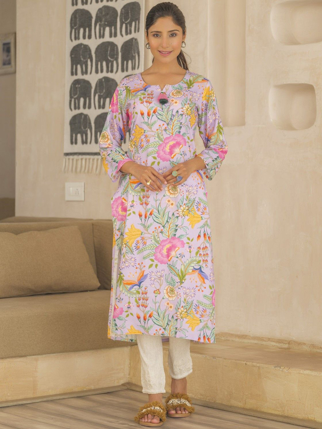 AUTUMN LANE Tashvika Orchid Floral Printed Straight Kurta With Trouser