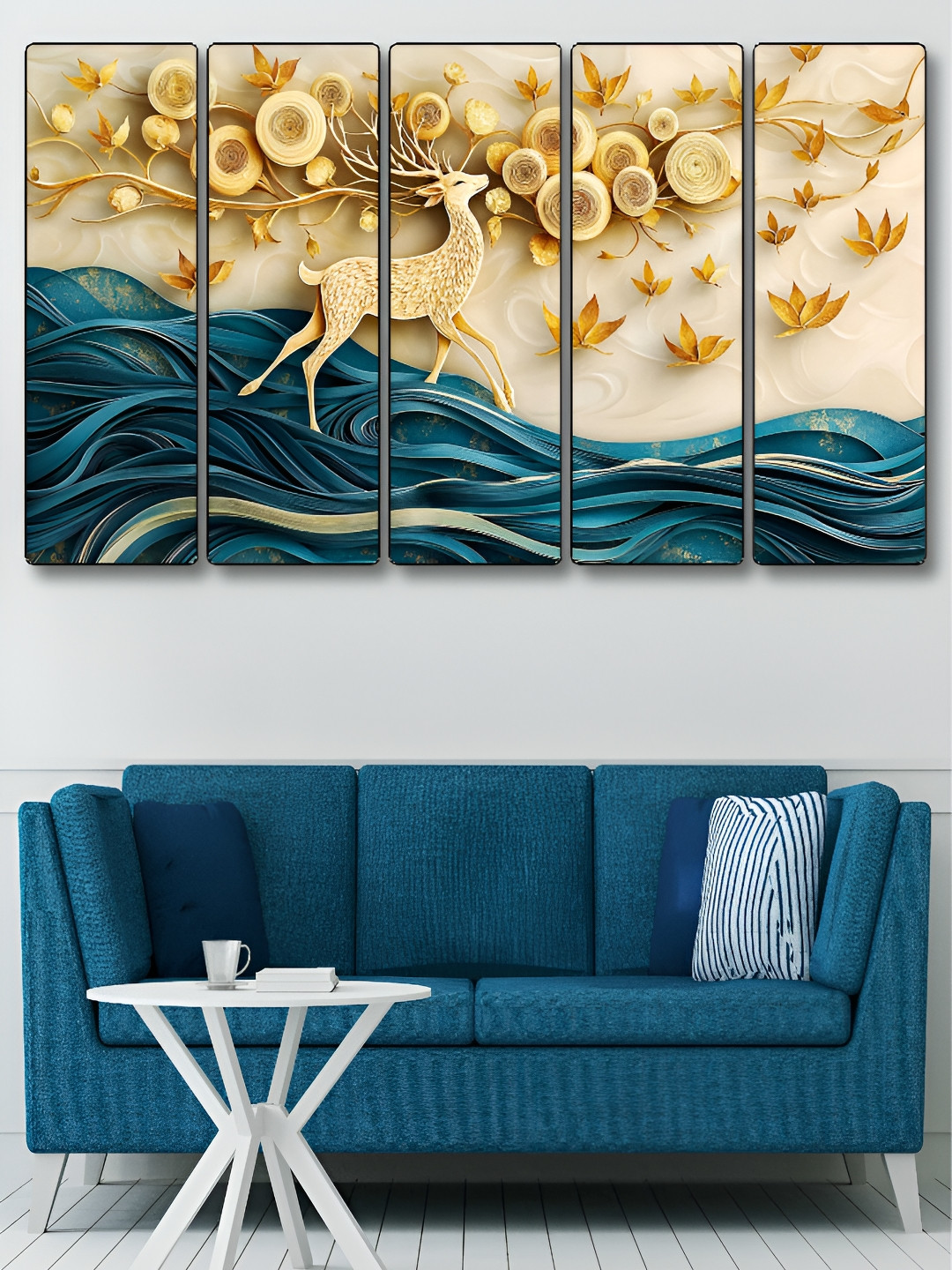 Aura Cream-Coloured & Blue 5 Pieces Wooden Deer Wall Paintings