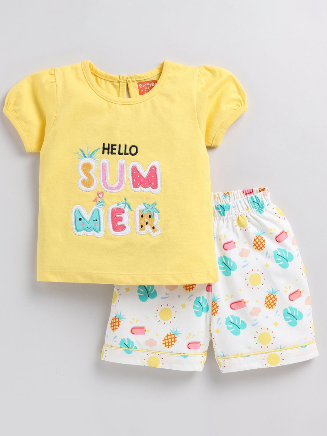 SNUGGLY MONKEY Girls Embroidered Round Neck Pure Cotton Top With Shorts