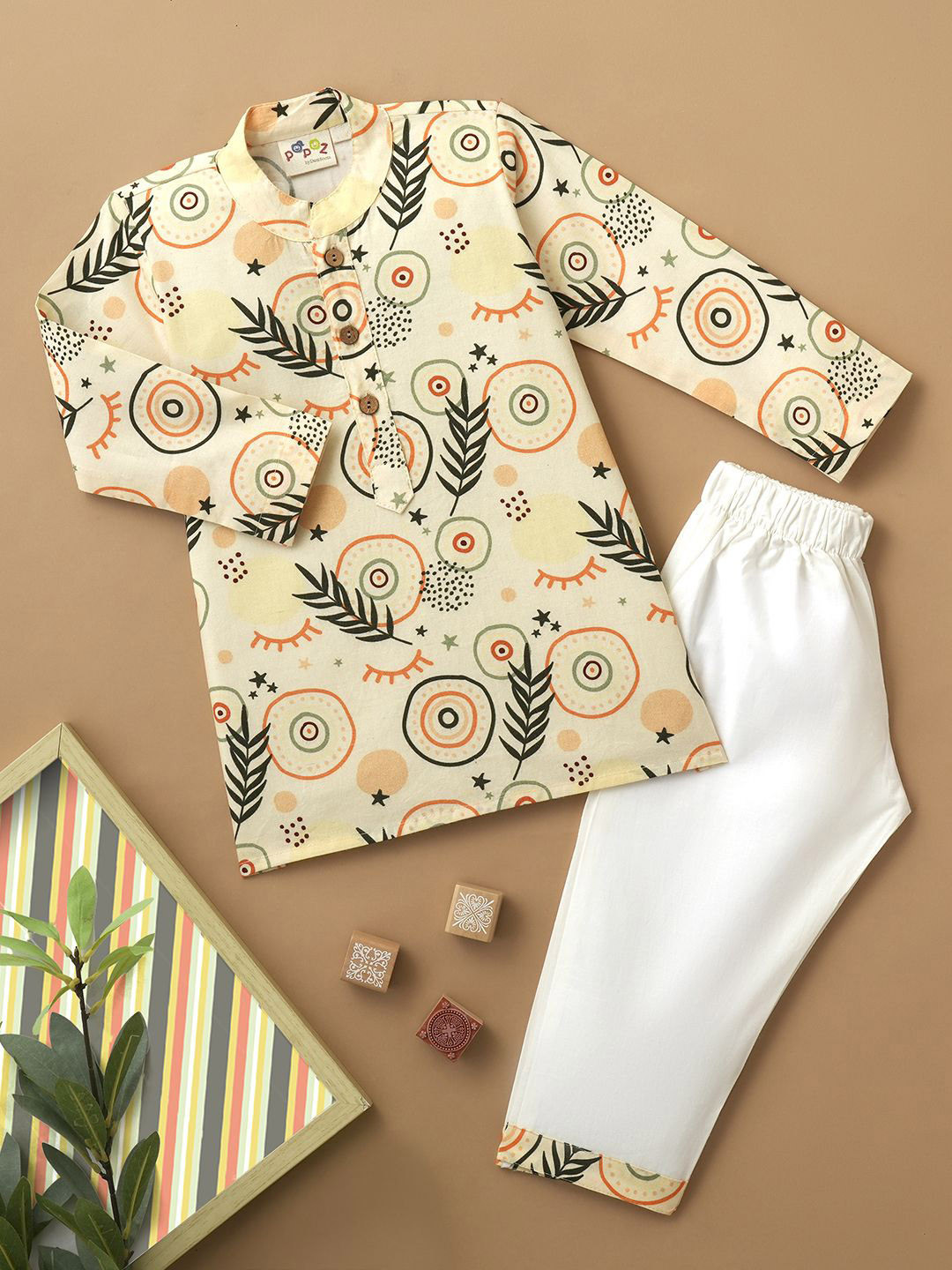 Desi Soota Boys Circle & Leaf Printed Pure Cotton Kurta with Pyjamas