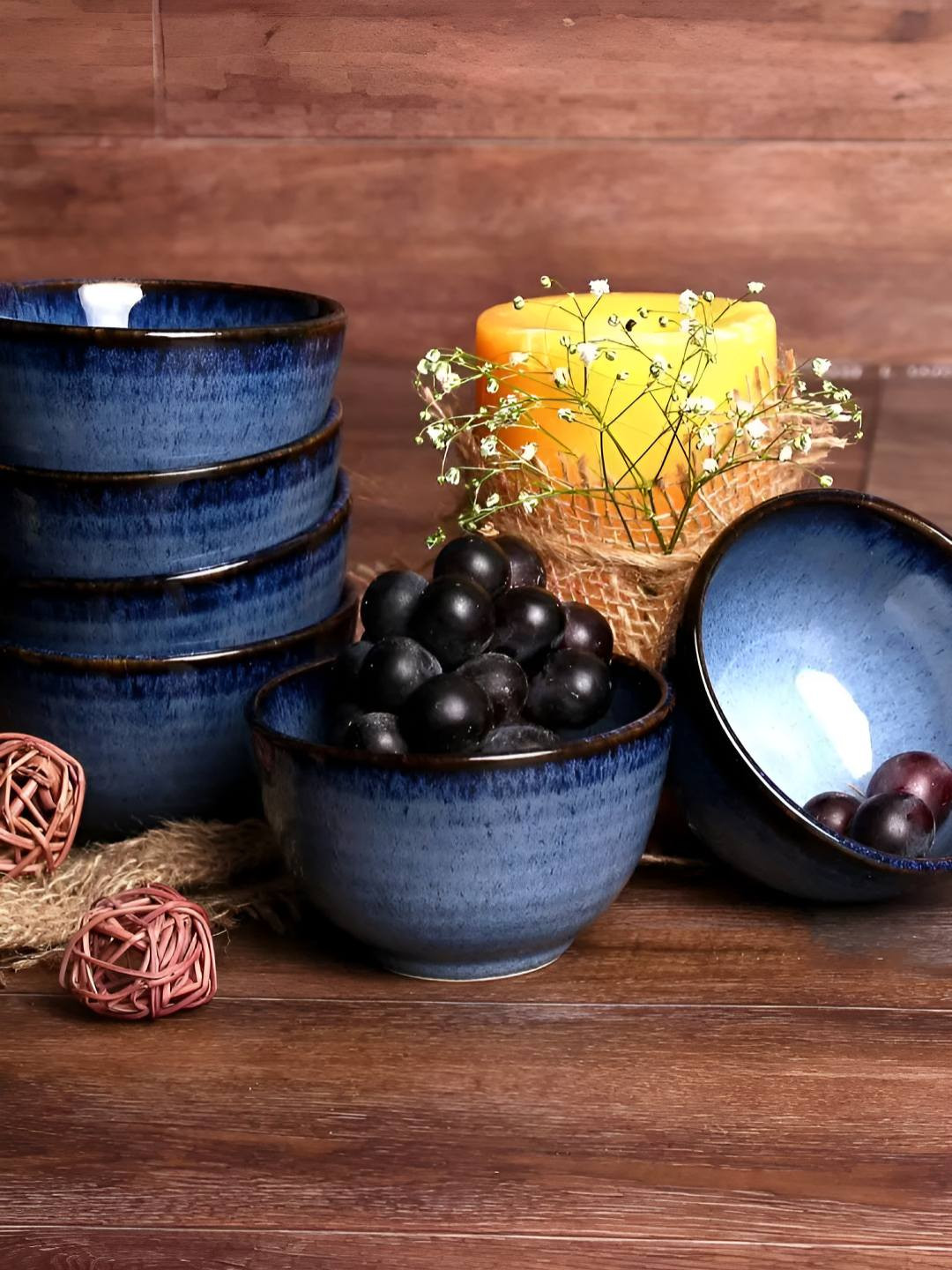 AMALAFIEE CERAMICS Blue 6 Pieces Ceramic Dishwasher and Microwave Safe Portion Bowl