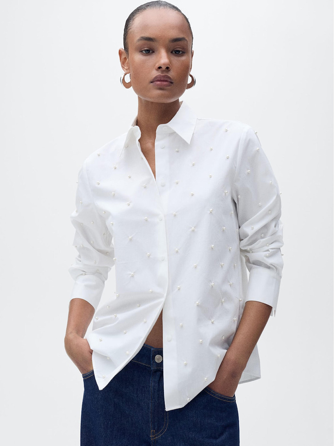 MANGO Women Pearl Embellished Pure Cotton Casual Shirt