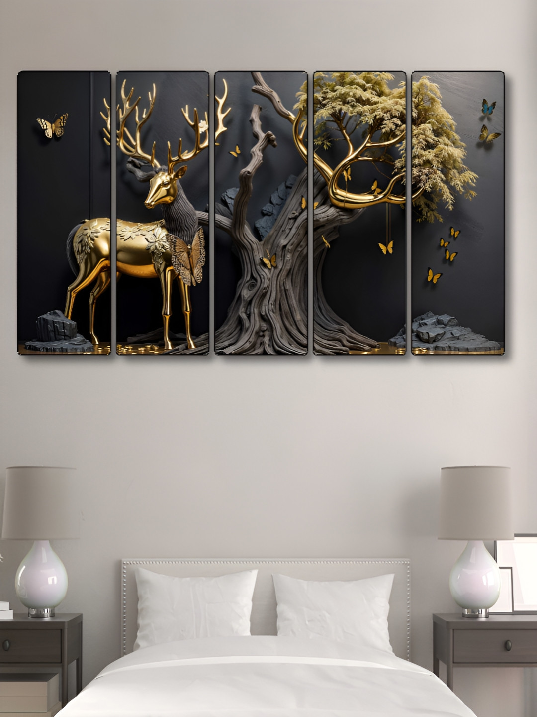 SAF Black & Gold-Toned 5 Piece Deer Canvas Wall Arts