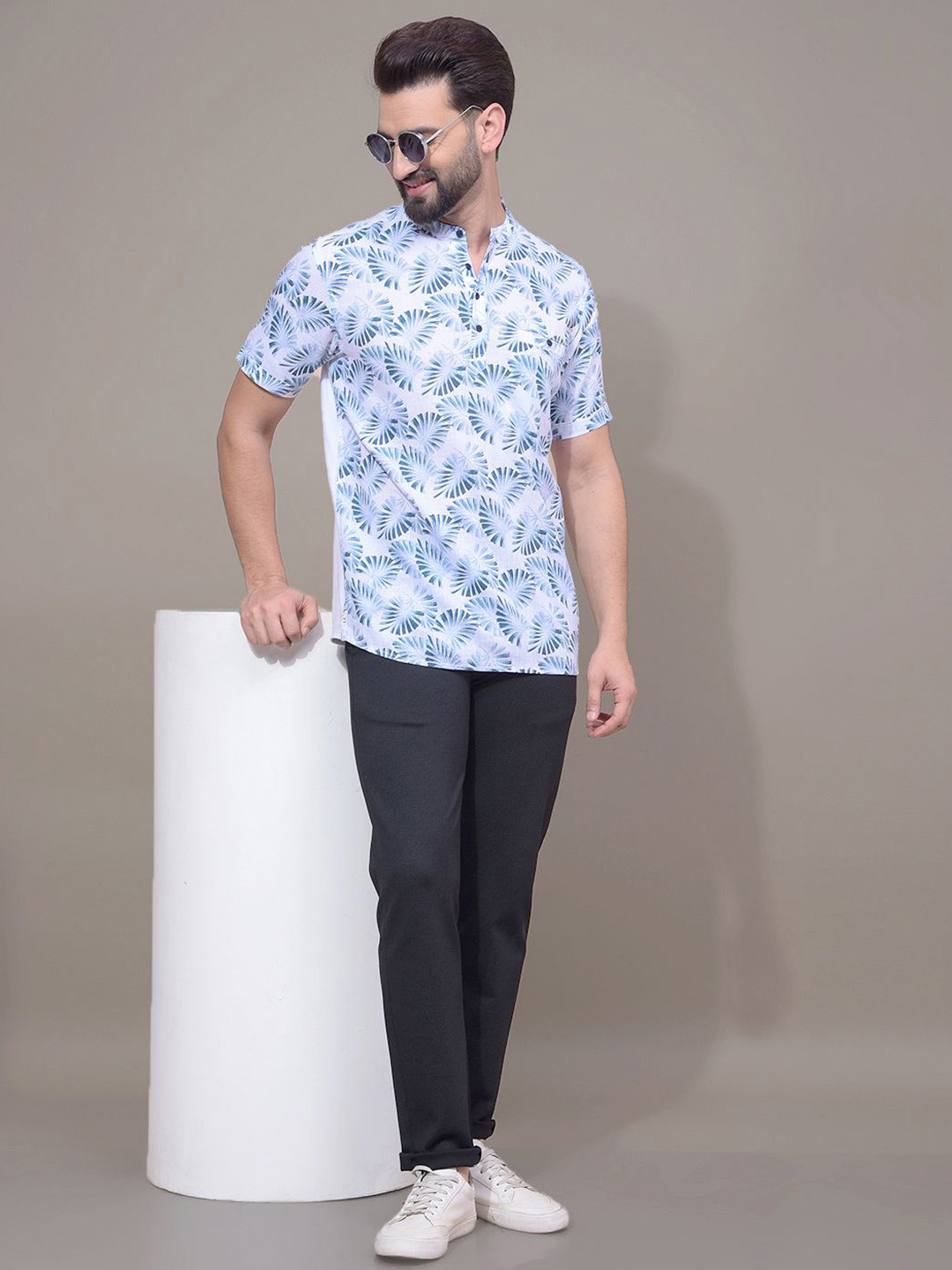 Crimsoune Club Floral Printed Band Collar Half Sleeves Cotton Straight Short Kurta