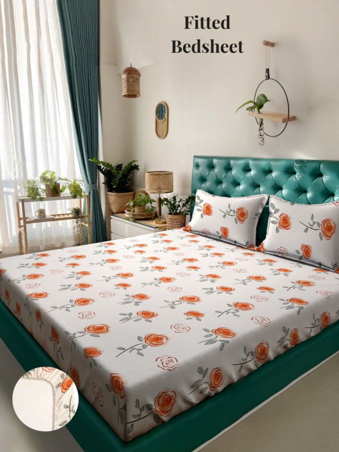 Arrabi Palace Cream Floral Cotton 300 TC Fitted King Fine Bedsheet with 2 Pillow Covers-106 x 102 inches