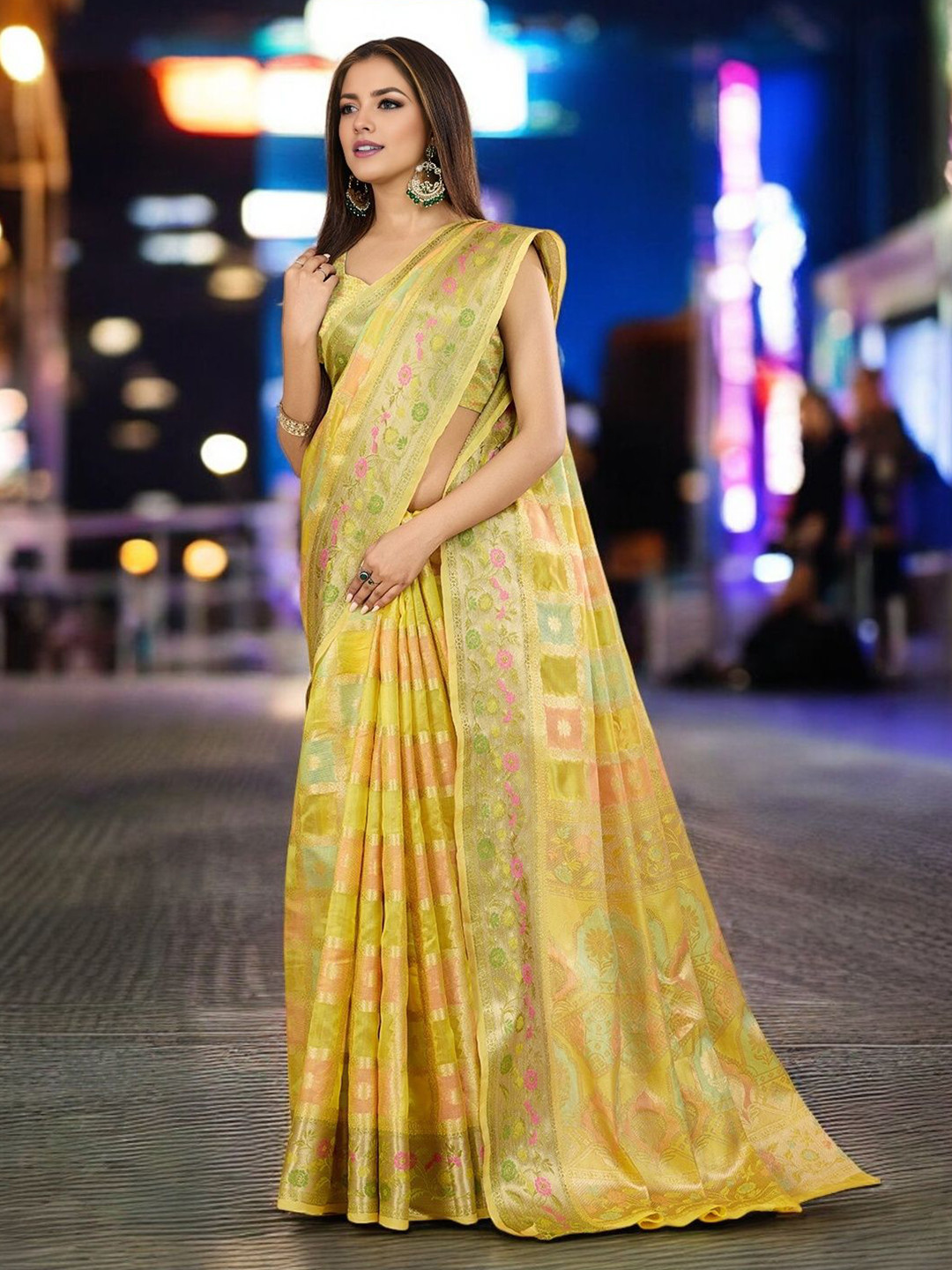 Mitera Floral Woven Design Zari Organza Saree