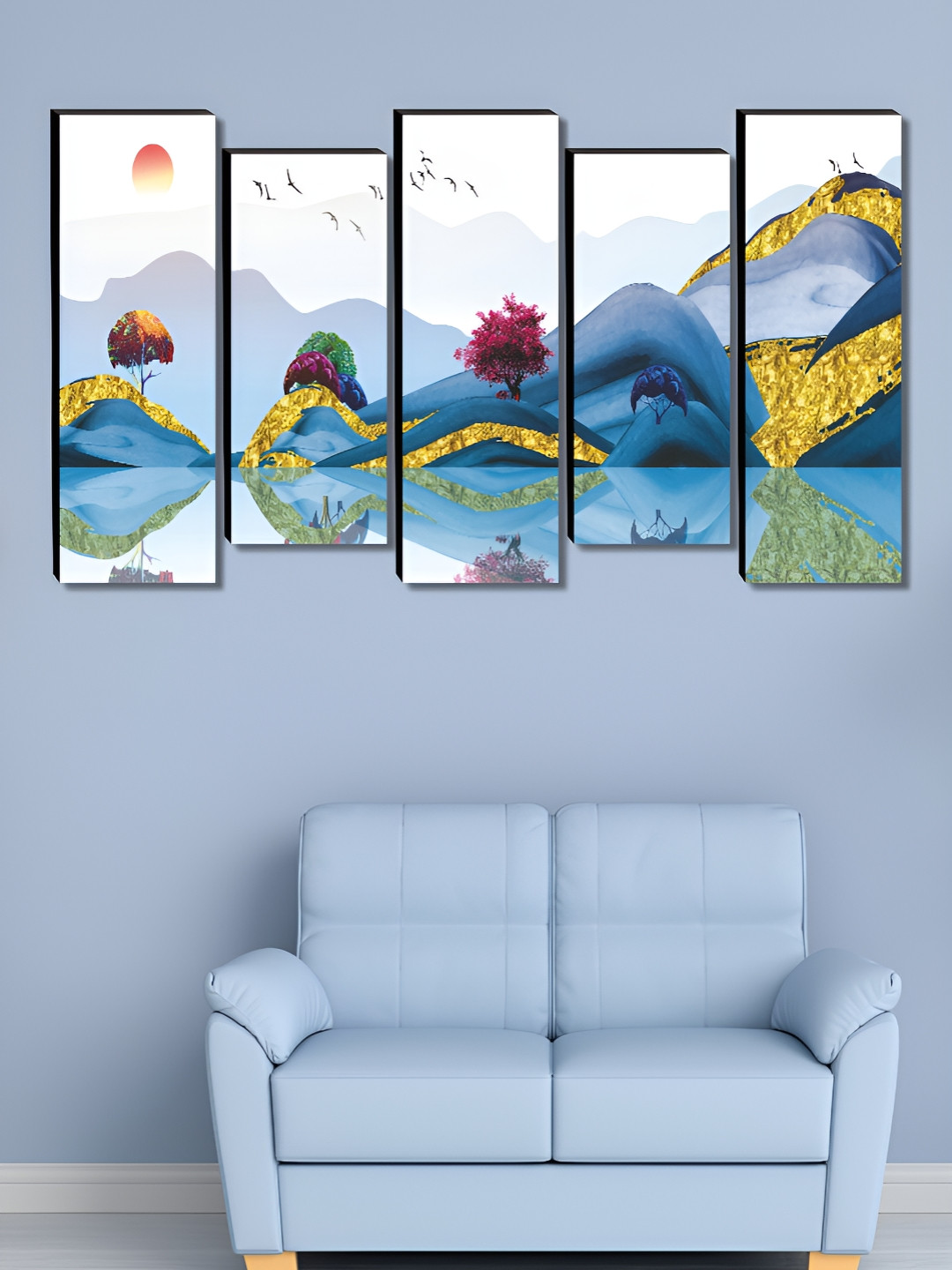 SAF White & Blue 5 Pieces Nature Wooden Wall Art