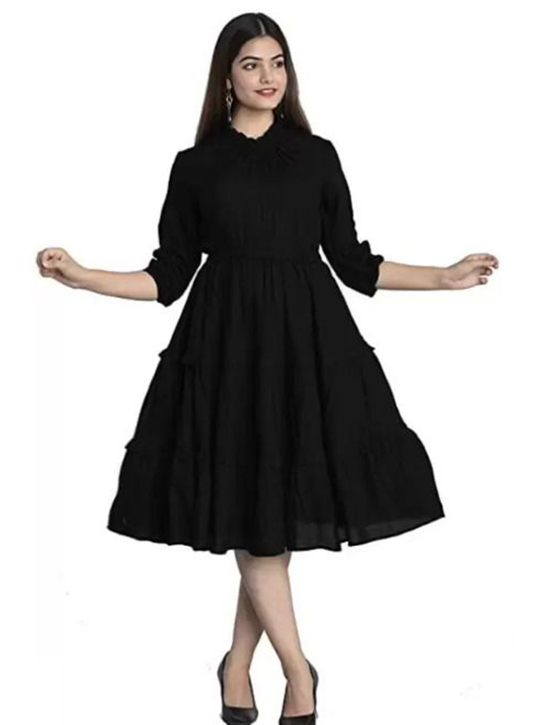 Sajke Solid Black Fit And Flare Midi-Length Tiered Dress