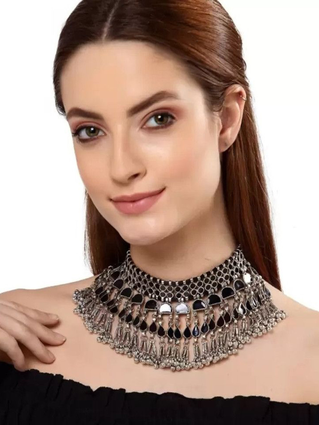SZN Oxidized Artificial Stones Studded & Beaded Statement Choker Necklace
