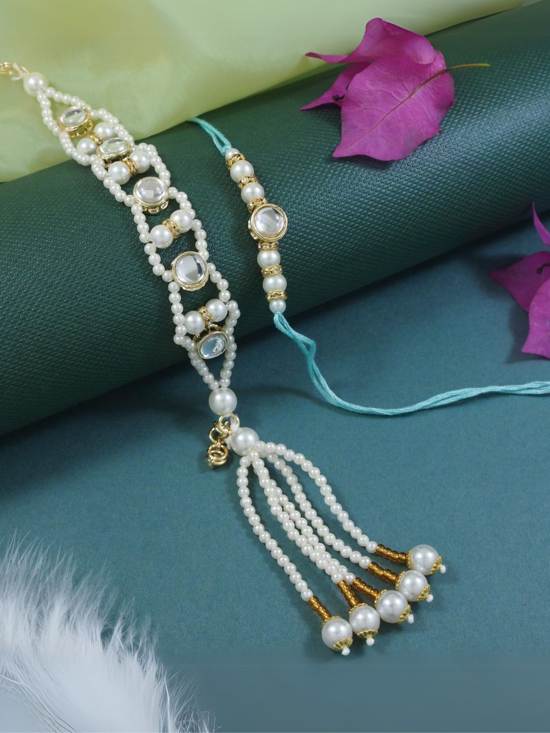 I Jewels Mens White Kundan & Pearls Bhaiya Bhabhi Lumba Rakhi Bracelet Combo Set