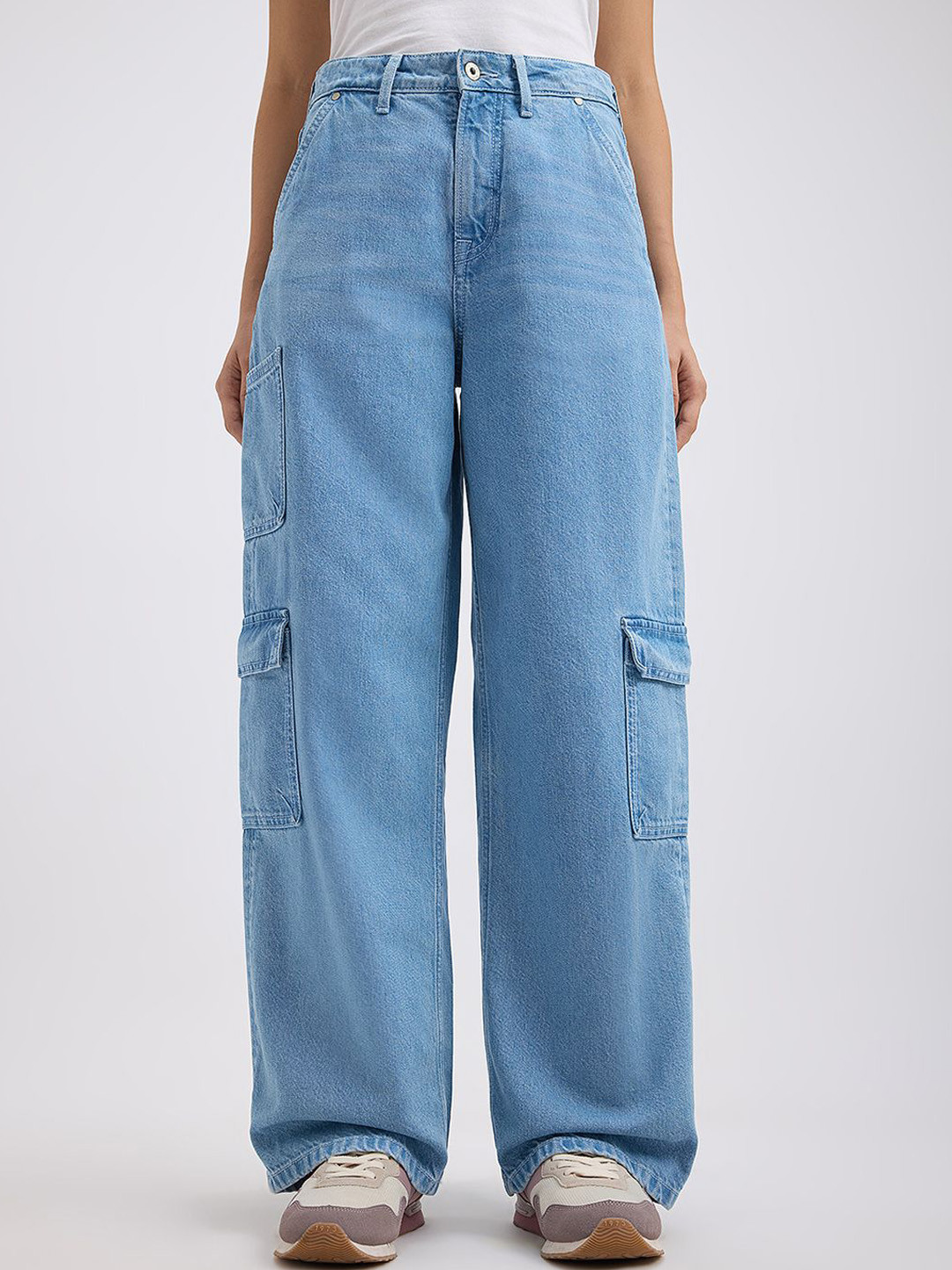 Pepe Jeans Women Pure Cotton High Rise Wide Leg Cargo Styles Jeans