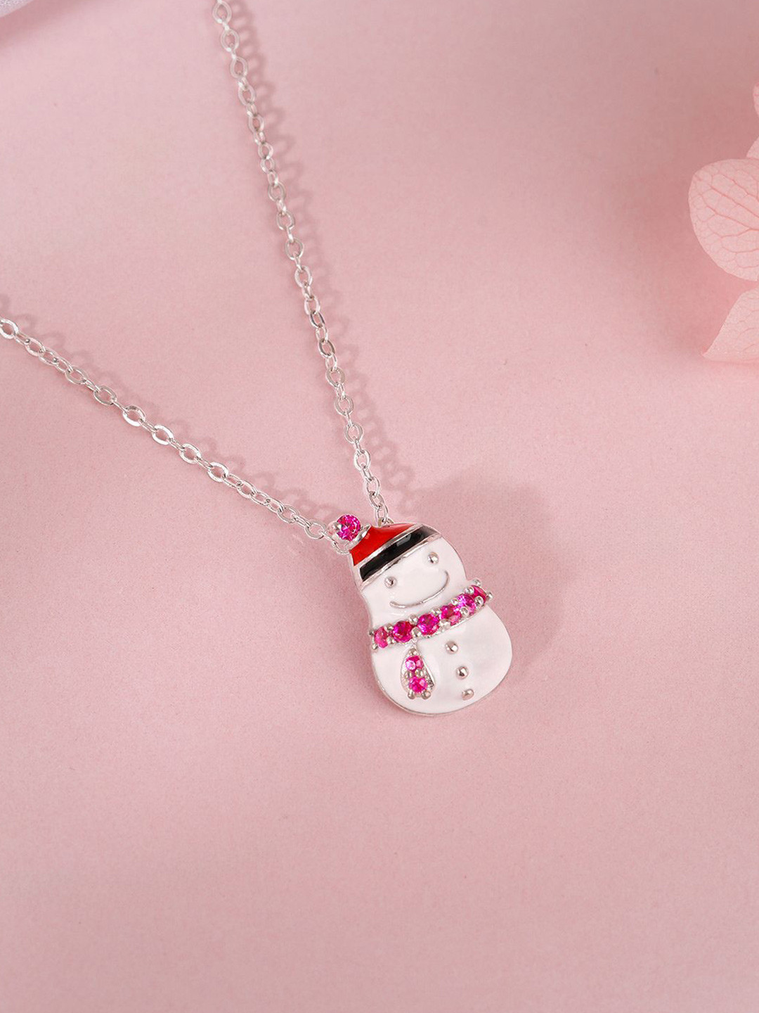 GIVA Kid's 925 Silver Rhodium-Plated Stone Studded Snow Man Pendant with Chain