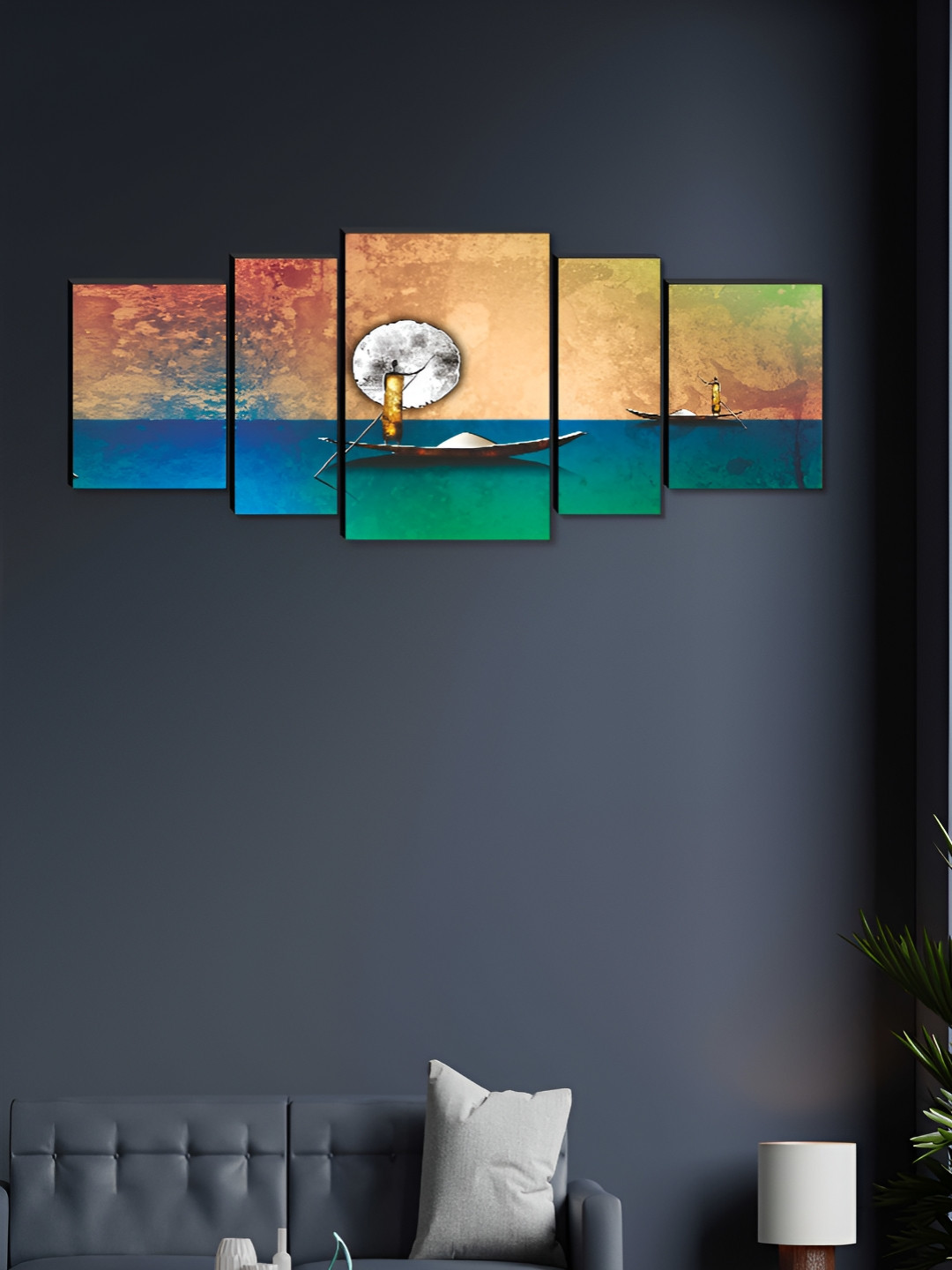 Aura Black & Blue 5 Pieces Wooden Moon & Boat Wall Paintings