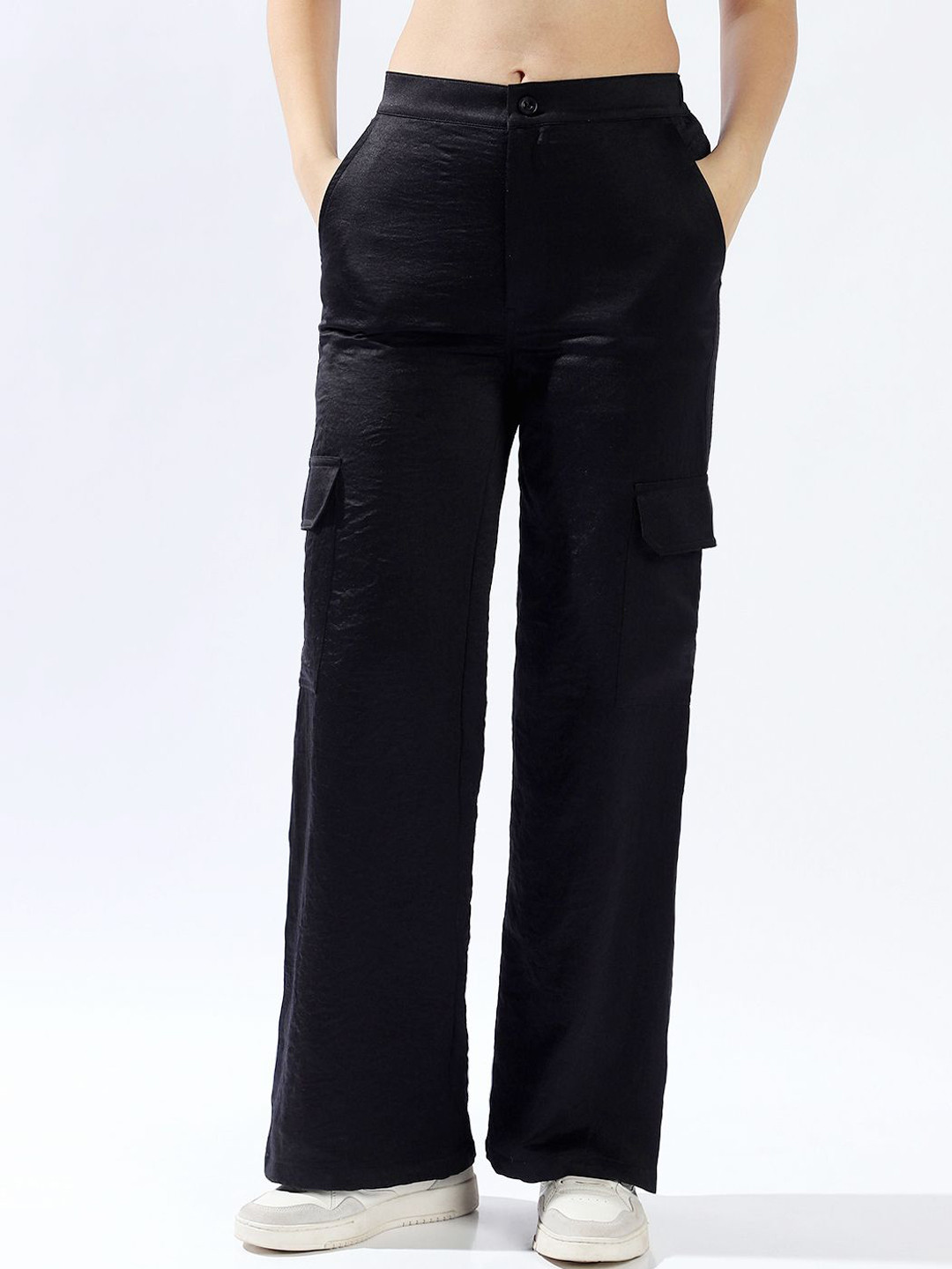 High Star Women Relaxed Loose Fit High-Rise Cargo Textured Satin Trousers