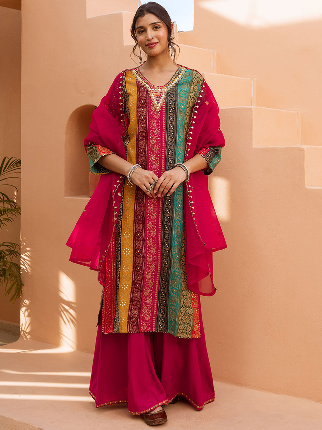 Sangria Floral Foil Woven Design V-Neck Mirror Work Straight Kurta & Trousers With Dupatta