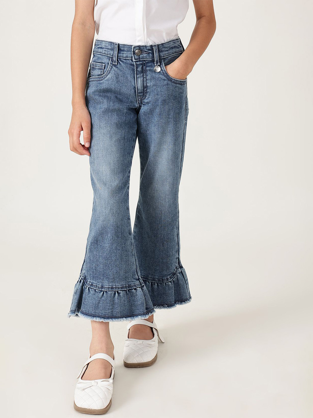 One Friday Girls Blue Bootcut Fit Solid Denim Jeans