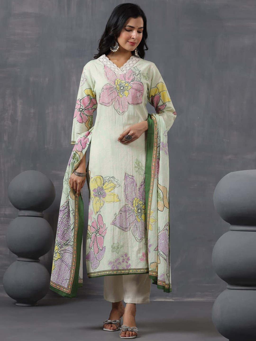AUTUMN LANE Rambha Mint Floral Printed Pure Cotton Straight Kurta With Palazzos & Dupatta