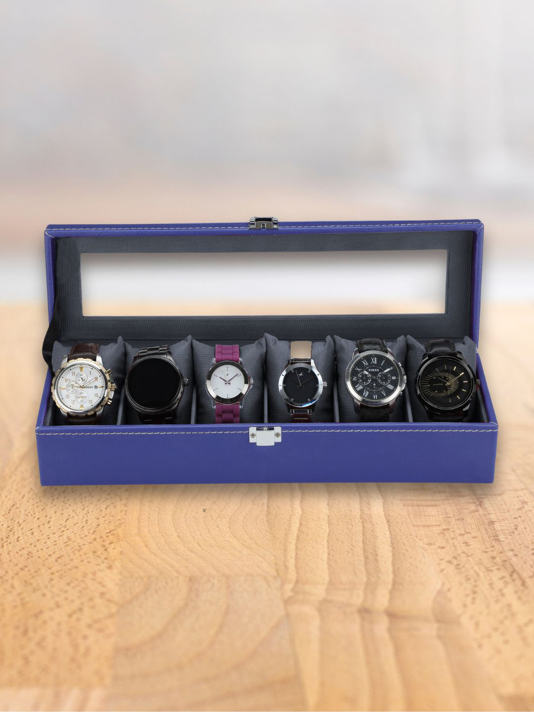 ZENWOOD Blue & Black 6 Slots Leather Watch Box Organizer