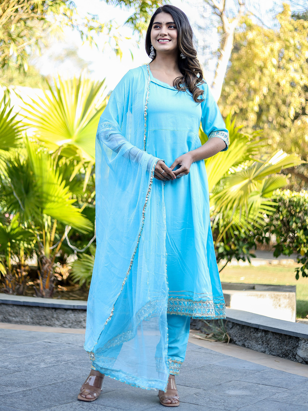 HEBA V-Neck Panelled Gotta Patti Anarkali Kurta With Trousers & Dupatta