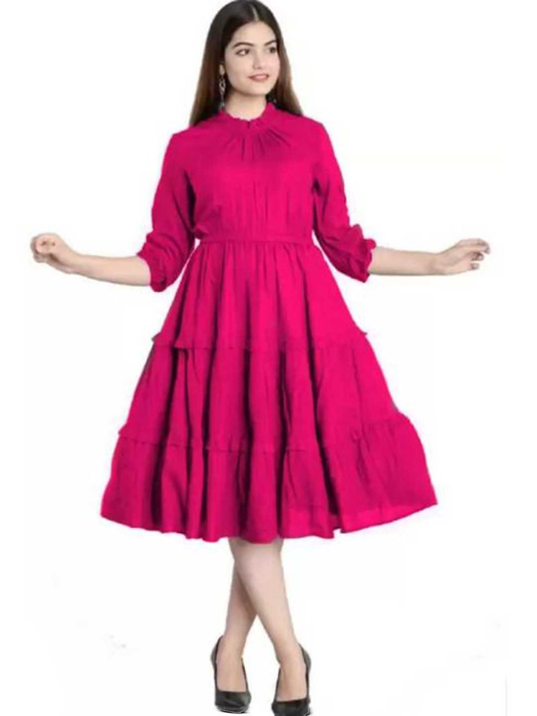 Sajke Women Solid Anarkali Short Printed Round Neck Puff Sleeves Fit and Flare Dresses