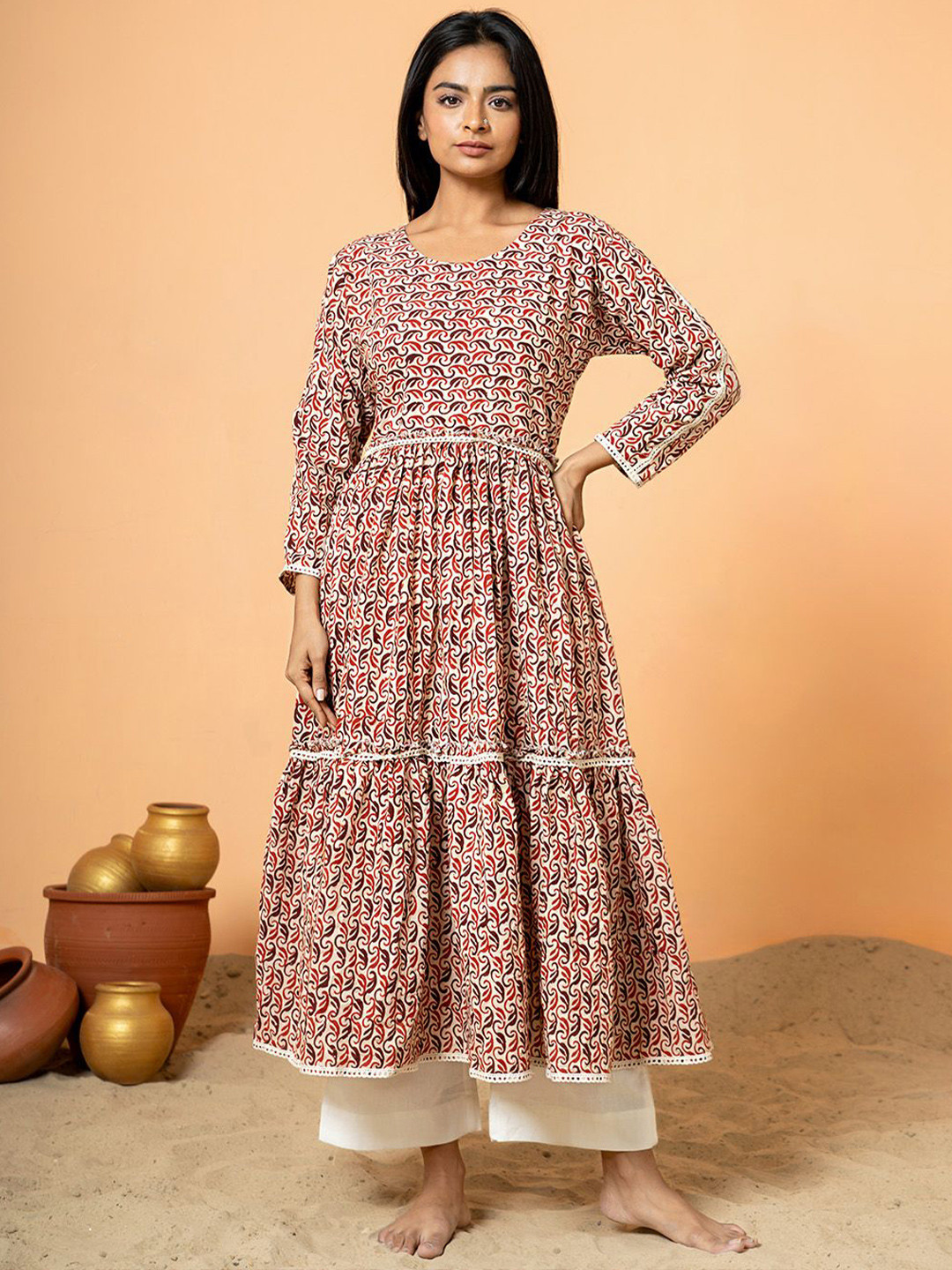 COTTONS DAILY Ethnic Motifs Printed Tiered Pure Cotton Anarkali Kurta