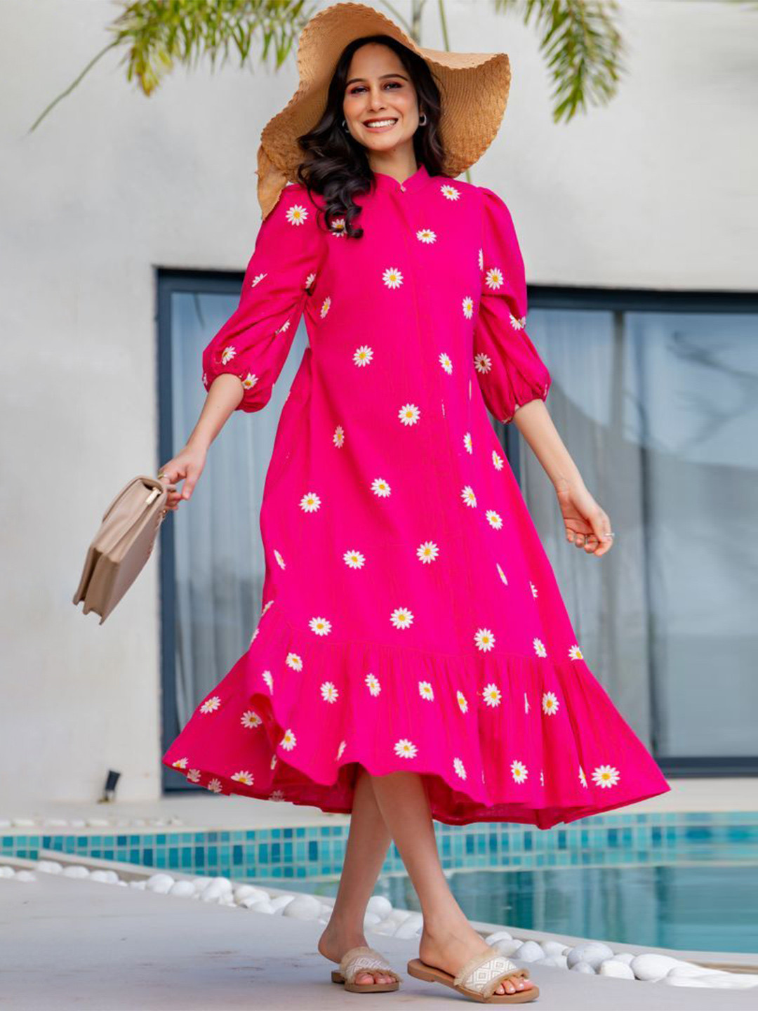 HOUSE OF JAMOTI Women Pop Of Pink Midi Dress