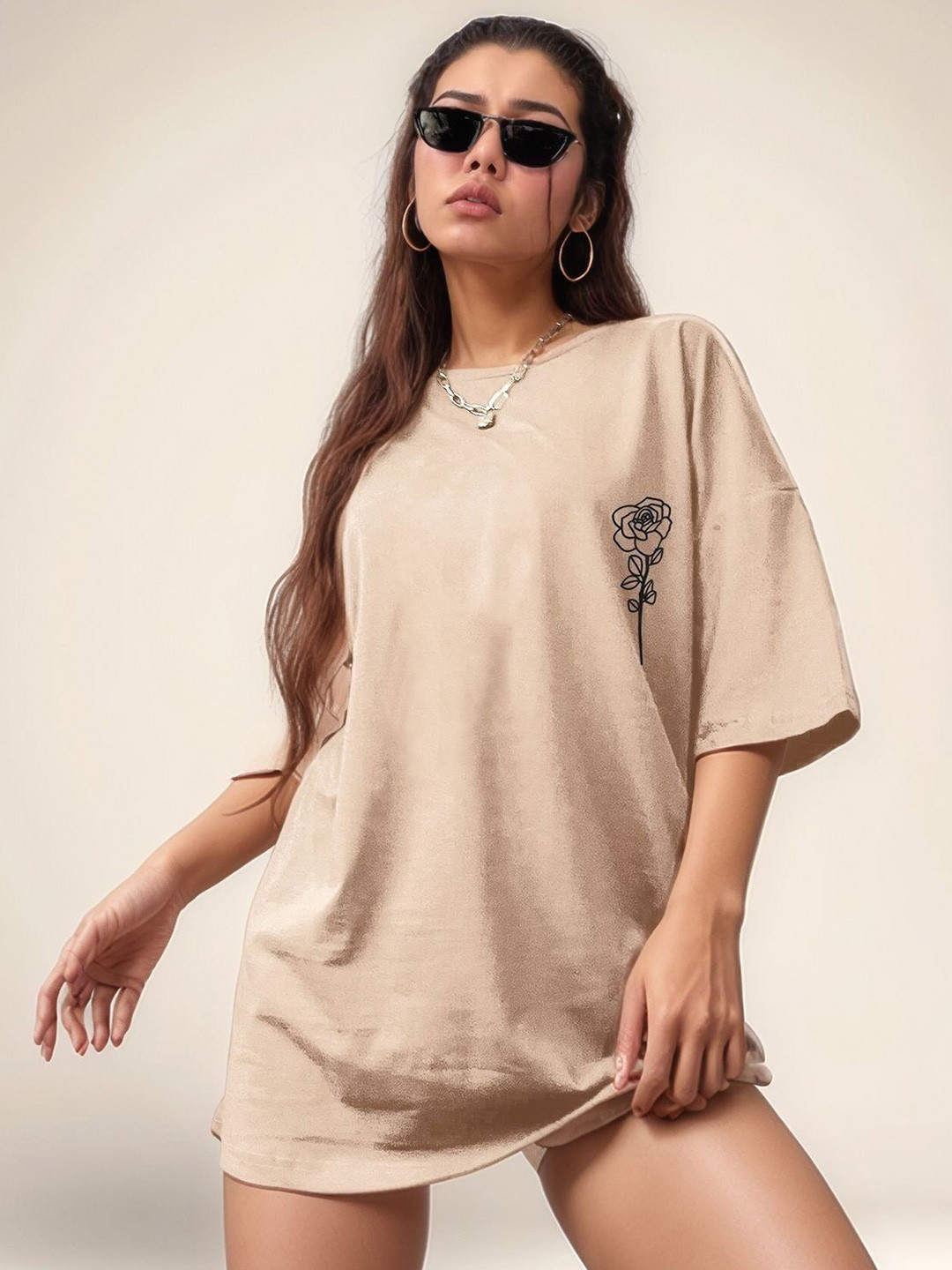 Outzidr Khaki Oversized Small Graphic Print T-Shirt
