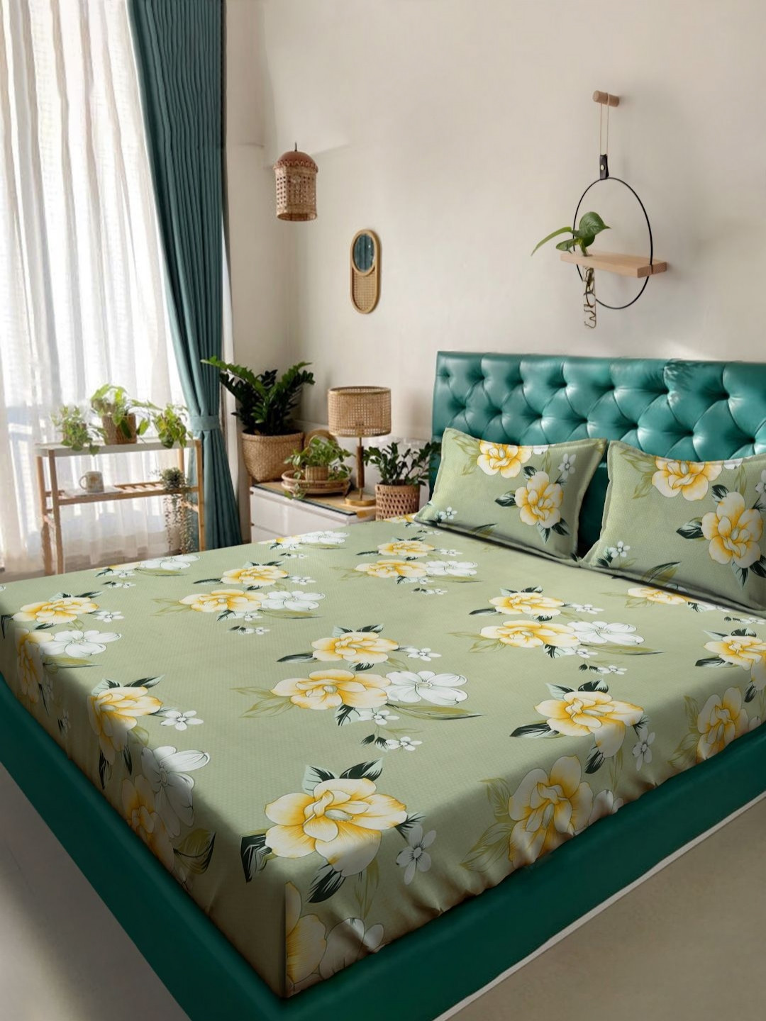 Myntra Elegant Homes Fitted_Fleno_Dbs Green Floral Cotton 300 TC King Fine Bedsheet with 2 Pillow Covers-250 x 220 cm