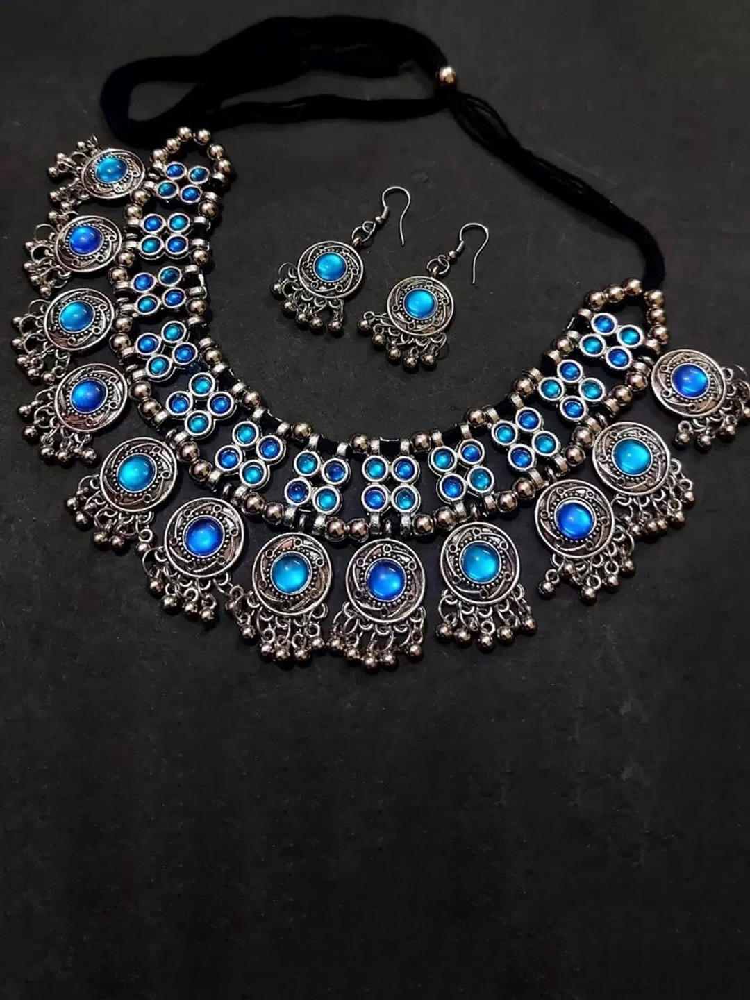 SZN Artificial Stones Studded & Beaded Oxidised Jewellery Set