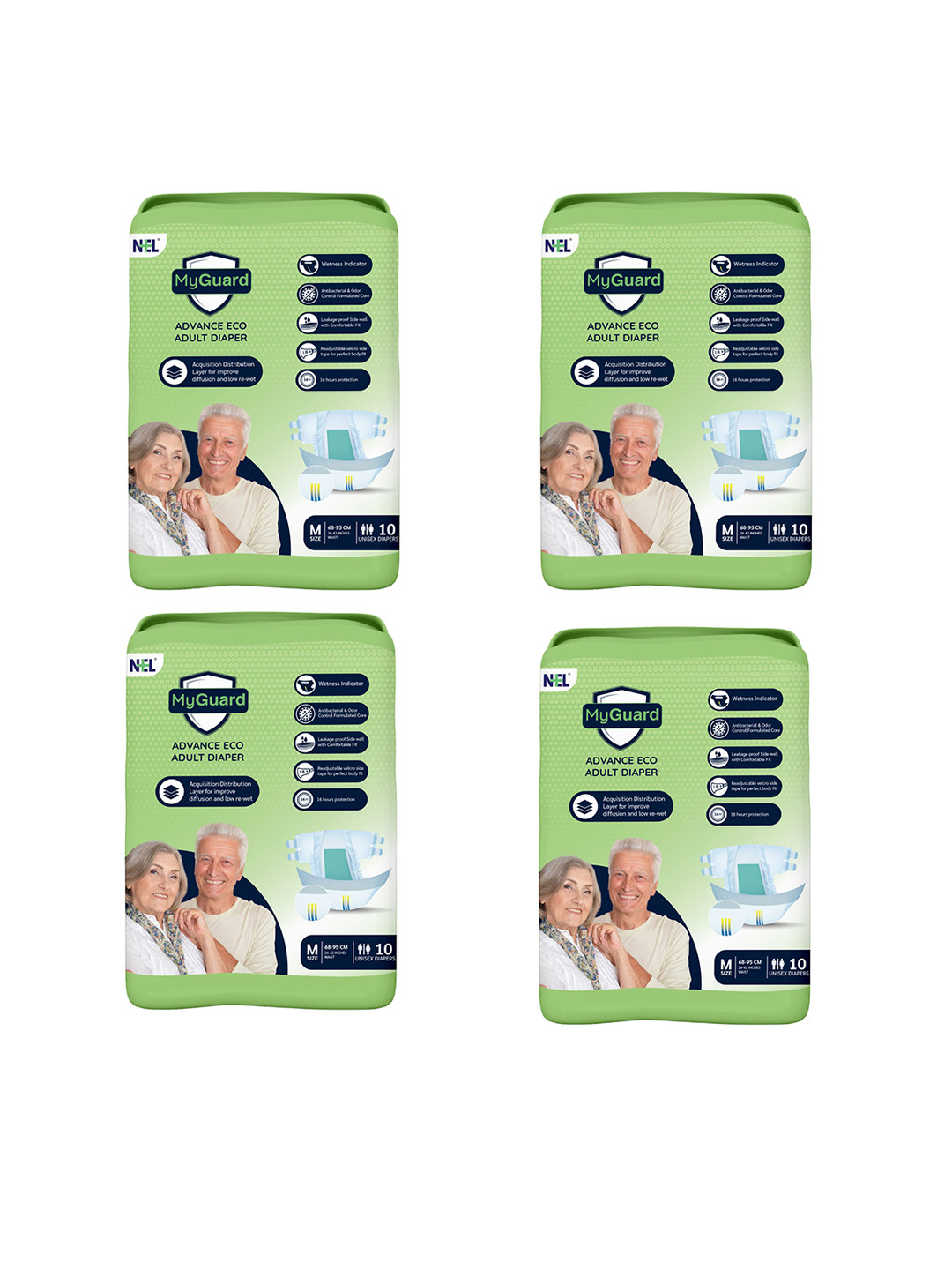 Myguard Unisex Set Of 4 Advance Eco Leakproof Cotton Adult Diapers - M - 10Pcs Each