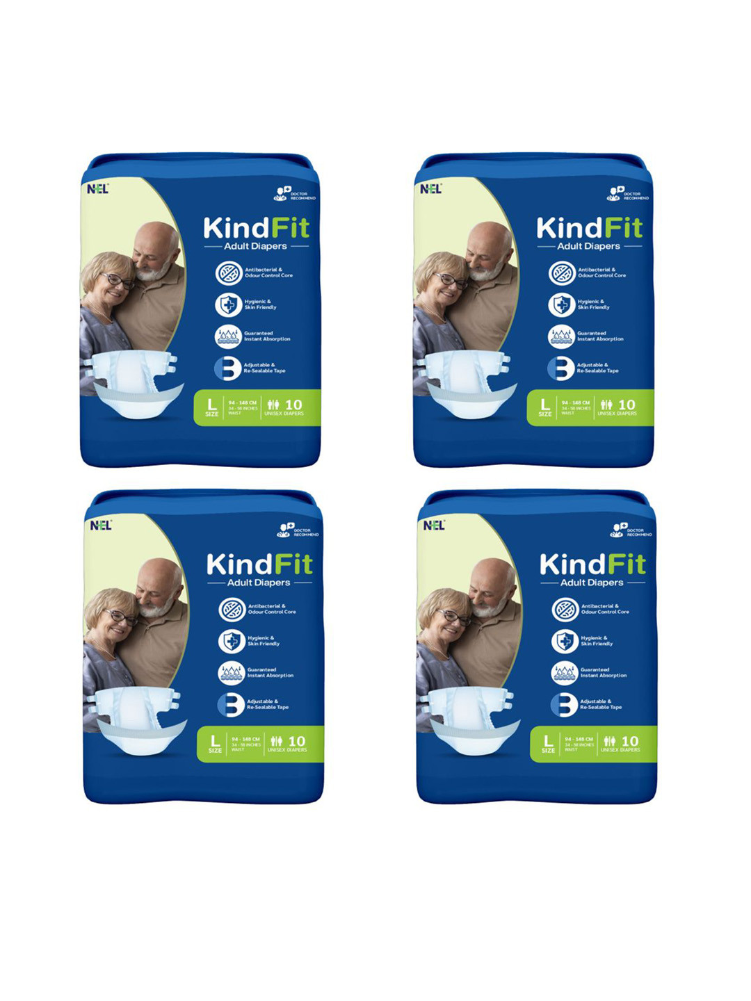 Kindfit Set Of 4 Antibacterial Tape Style Adult Diapers - 10 Pcs Each - L